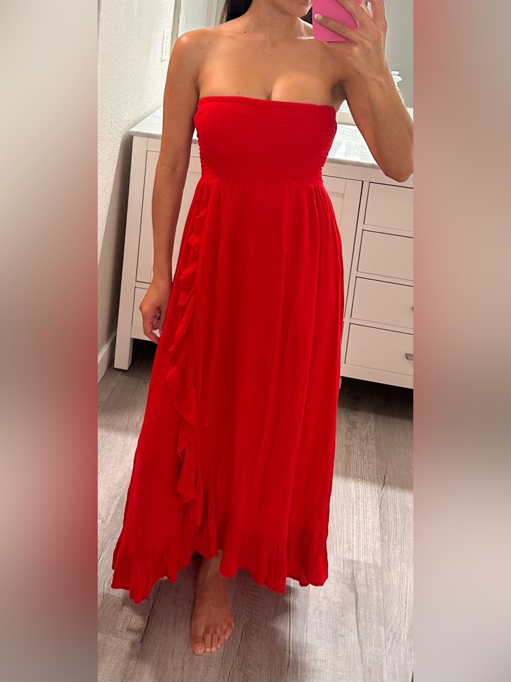 Patrons of Peace Strapless Red Maxi Skirt with Ruffle Trim